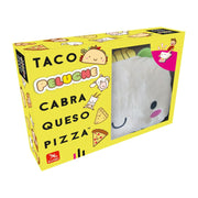 Taco Peluche de Lúdilo - Caja amarilla del juego de mesa con manopla de peluche gris incluida, mostrando ilustraciones kawaii de taco, gato, cabra, queso y pizza para 3-8 jugadores
