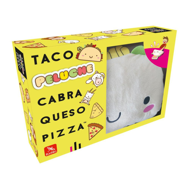 Taco Peluche de Lúdilo - Caja amarilla del juego de mesa con manopla de peluche gris incluida, mostrando ilustraciones kawaii de taco, gato, cabra, queso y pizza para 3-8 jugadores
