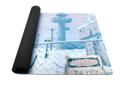 Tapete de neopreno apocalíptico Zacatrus 60x90cm con diseño de ciudad en ruinas, superficie antideslizante para wargames y juegos de miniaturas
