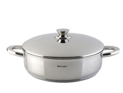 Tartera con tapa de acero inoxidable WECOOK! PRO de 28cm, superficie brillante y pulida, con asas ergonómicas y tapa hermética, sobre fondo blanco
