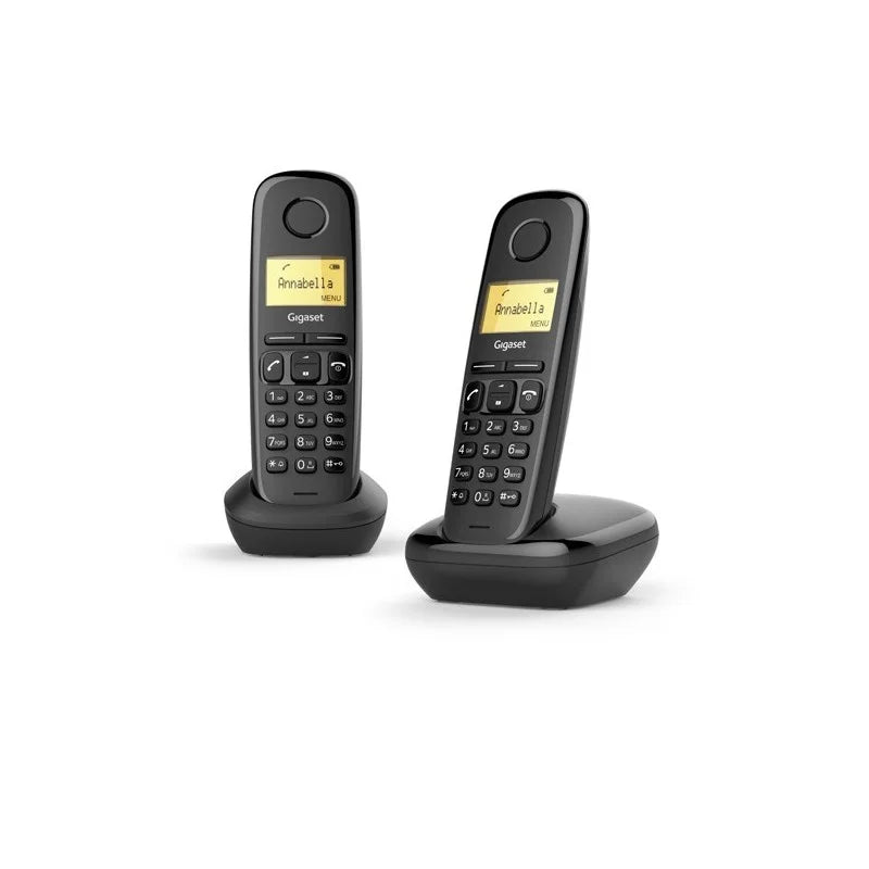 Teléfono inalámbrico Gigaset A170 Duo en color negro con dos terminales, pantalla iluminada y base de carga, ideal para comunicación doméstica sin cables
