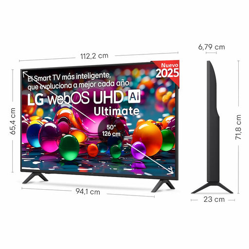 Televisor LG 50 pulgadas modelo 50UA75006LA con sistema WebOS 25, panel LED 4K Ultra HD 3840x2160, acabado negro elegante y soporte incluido, vista frontal completa del producto
