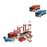 Toy Planet Camión y Pista 2 en 1 unfolded into a fire station track with cars, plus fire and police versions
