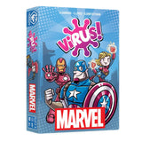 Caja del juego de cartas Virus! Marvel de Tranjis con Capitán América, Iron Man y Capitana Marvel