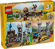 Trasera de la caja LEGO Creator 31168 Castillo Medieval - Muestra los 3 modelos alternativos: castillo, justa medieval y aldea con molino de viento
