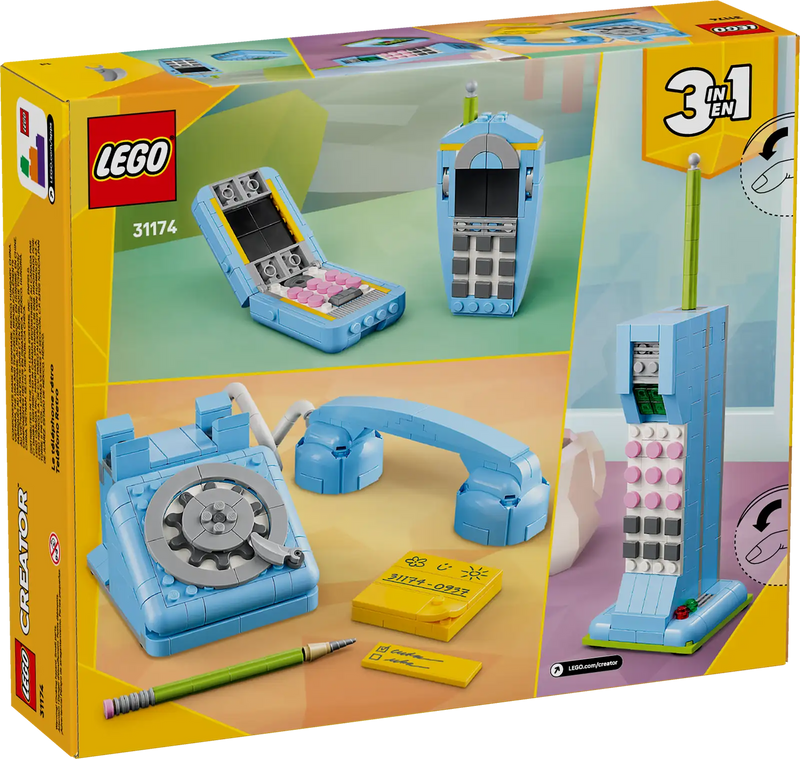Trasera de la caja LEGO Creator 31174 Teléfono Retro - Muestra los 3 modelos: teléfono años 60, años 80 con base y 2 teléfonos años 2000
