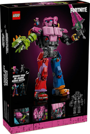 Trasera de la caja LEGO Fortnite 77078 Líder equipo meca - Muestra cabina del pecho, poses articuladas y bonificaciones digitales canjeables
