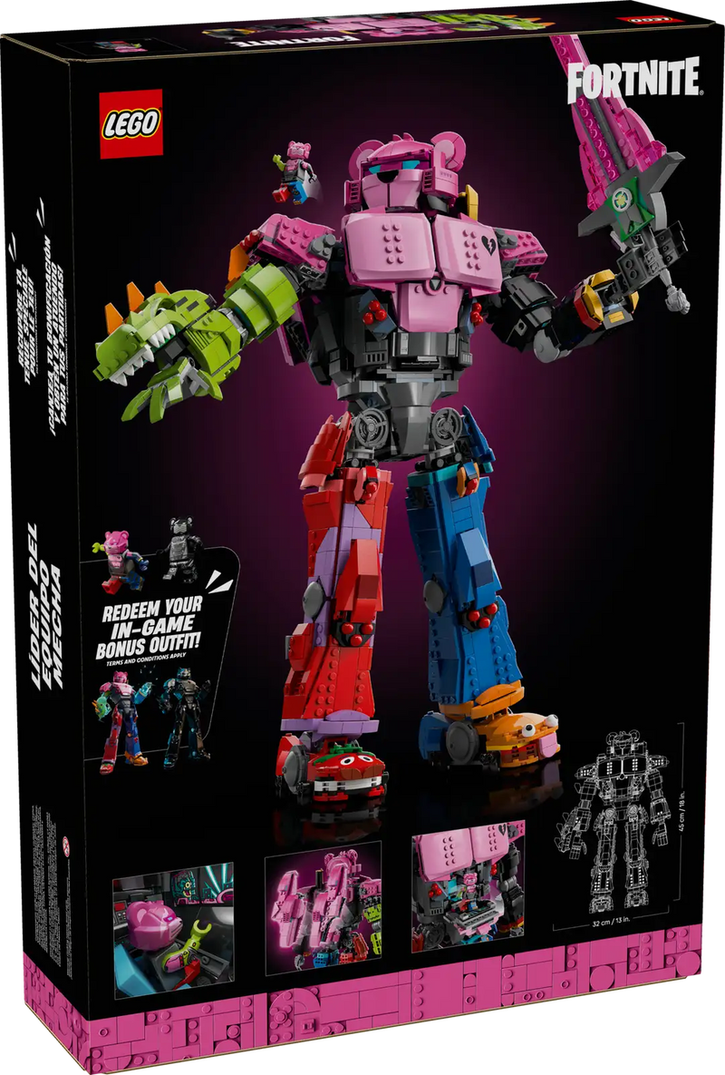 Trasera de la caja LEGO Fortnite 77078 Líder equipo meca - Muestra cabina del pecho, poses articuladas y bonificaciones digitales canjeables
