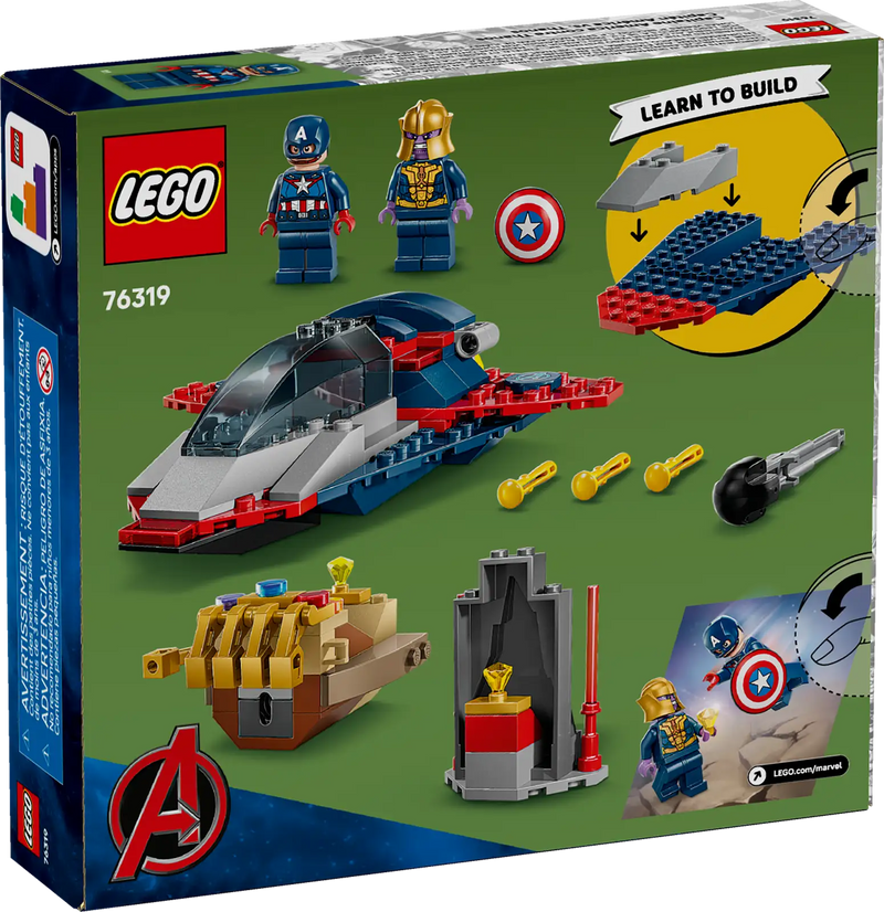 Trasera de la caja LEGO Marvel 76319 Capitán América vs Thanos - Muestra piedra cósmica, cabina abatible del Quinjet y dedos móviles del Guantelete
