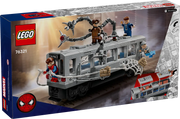 Trasera de la caja LEGO Marvel 76321 Spider-Man Doc Ock - Muestra techo removible del tren, telaraña de Spider-Man y tentáculos con rayos láser
