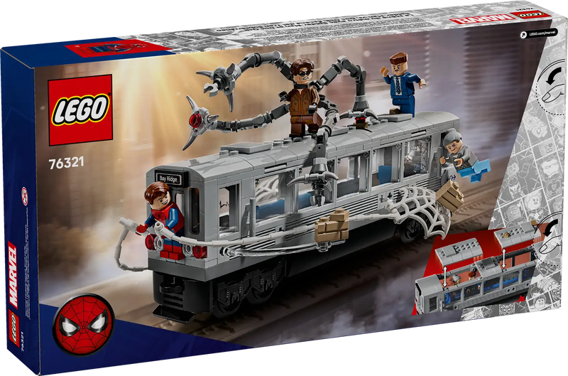 Trasera de la caja LEGO Marvel 76321 Spider-Man Doc Ock - Muestra techo removible del tren, telaraña de Spider-Man y tentáculos con rayos láser

