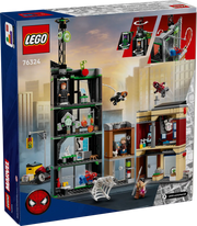 Trasera de la caja LEGO Marvel 76324 Spider-Man vs Oscorp - Muestra apartamentos de Miles Morales y Venom, edificio Oscorp y varillas transparentes
