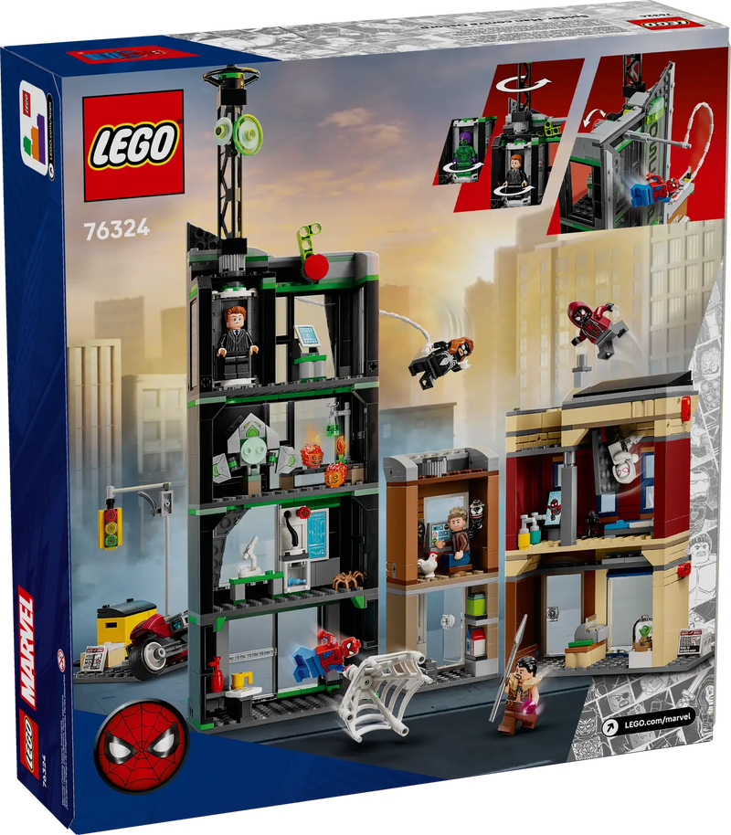 Trasera de la caja LEGO Marvel 76324 Spider-Man vs Oscorp - Muestra apartamentos de Miles Morales y Venom, edificio Oscorp y varillas transparentes

