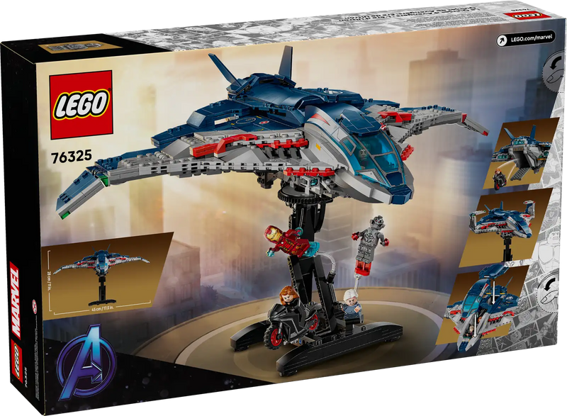 Trasera de la caja LEGO Marvel 76325 Quinjet Vengadores - Muestra cabina abatible, cañones frontales, compuerta posterior y moto de Viuda Negra
