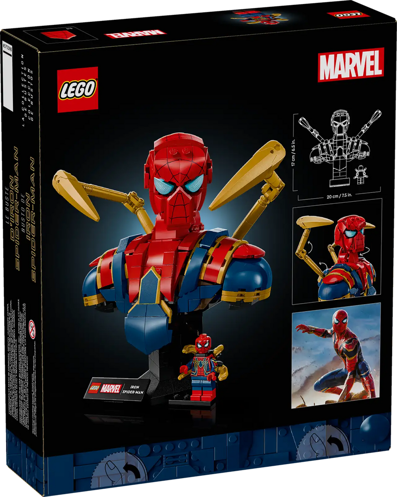 Trasera de la caja LEGO Marvel 76326 Busto Iron Spider-Man - Muestra 2 bases intercambiables con placa identificativa y minifigura desmontable
