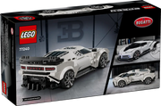 Trasera de la caja LEGO Speed Champions 77240 Bugatti Centodieci - Muestra 4 salidas de escape, minifigura conductor y detalles del hiperdeportivo francés
