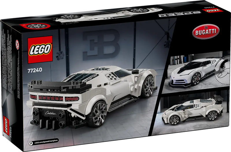 Trasera de la caja LEGO Speed Champions 77240 Bugatti Centodieci - Muestra 4 salidas de escape, minifigura conductor y detalles del hiperdeportivo francés
