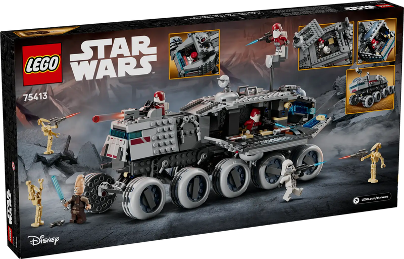 Trasera de la caja LEGO Star Wars 75413 Juggernaut República - Muestra interior detallado, torreta con cañón y compartimentos para minifiguras

