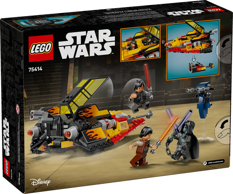 Trasera de la caja LEGO Star Wars 75414 Force Burner - Muestra moto speeder desmontable, cañón trasero y STAP construible para Solitus
