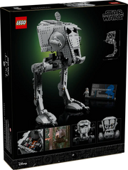 Trasera de la caja LEGO Star Wars UCS 75417 AT-ST - Muestra escotilla que se abre, visores móviles, placa informativa y minifigura piloto exclusiva
