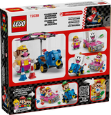 Trasera de la caja LEGO Super Mario 72038 Mario Kart - Muestra funciones de lanzamiento de caparazones, derrape y ala desmontable
