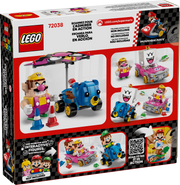 Trasera de la caja LEGO Super Mario 72038 Mario Kart - Muestra funciones de lanzamiento de caparazones, derrape y ala desmontable

