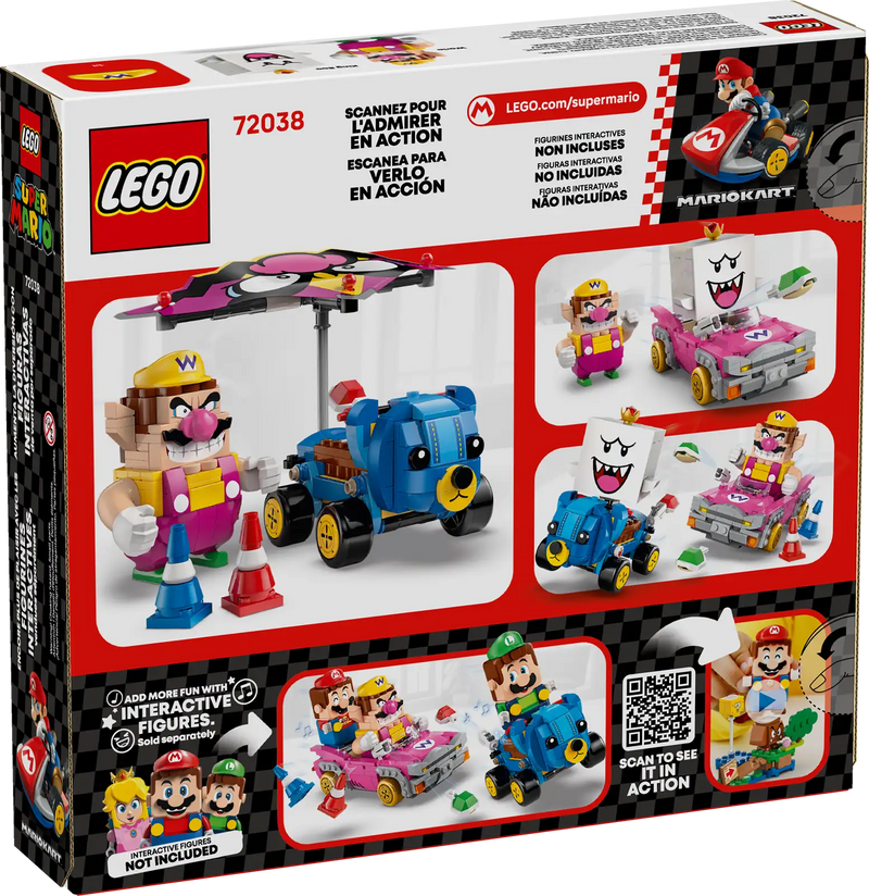 Trasera de la caja LEGO Super Mario 72038 Mario Kart - Muestra funciones de lanzamiento de caparazones, derrape y ala desmontable
