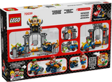 Trasera de la caja LEGO Super Mario 72039 Castillo de Bowser - Muestra paredes desplegables, barra de fuego giratoria y circuito de obstáculos
