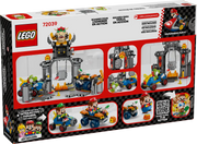 Trasera de la caja LEGO Super Mario 72039 Castillo de Bowser - Muestra paredes desplegables, barra de fuego giratoria y circuito de obstáculos
