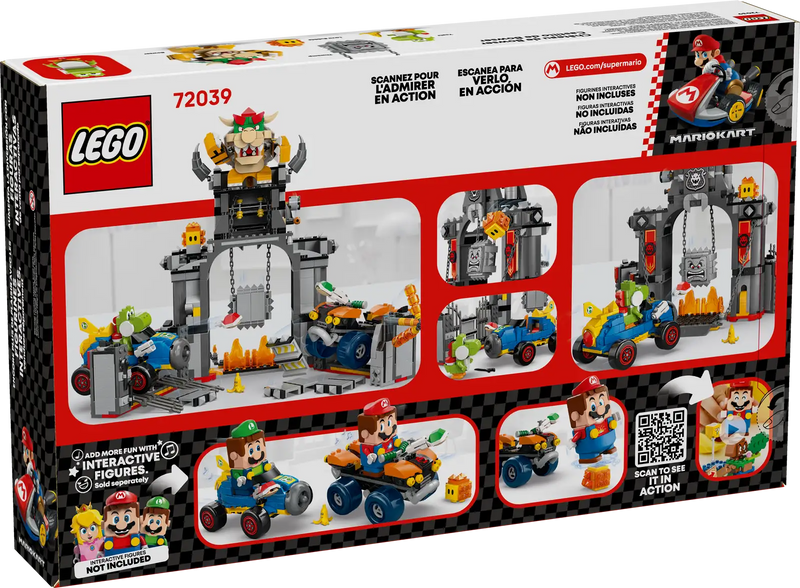 Trasera de la caja LEGO Super Mario 72039 Castillo de Bowser - Muestra paredes desplegables, barra de fuego giratoria y circuito de obstáculos
