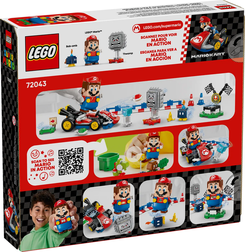 Trasera de la caja LEGO Super Mario 72043 Mario Kart - Muestra circuito completo con zona de salida, barreras, conos y podio de victoria
