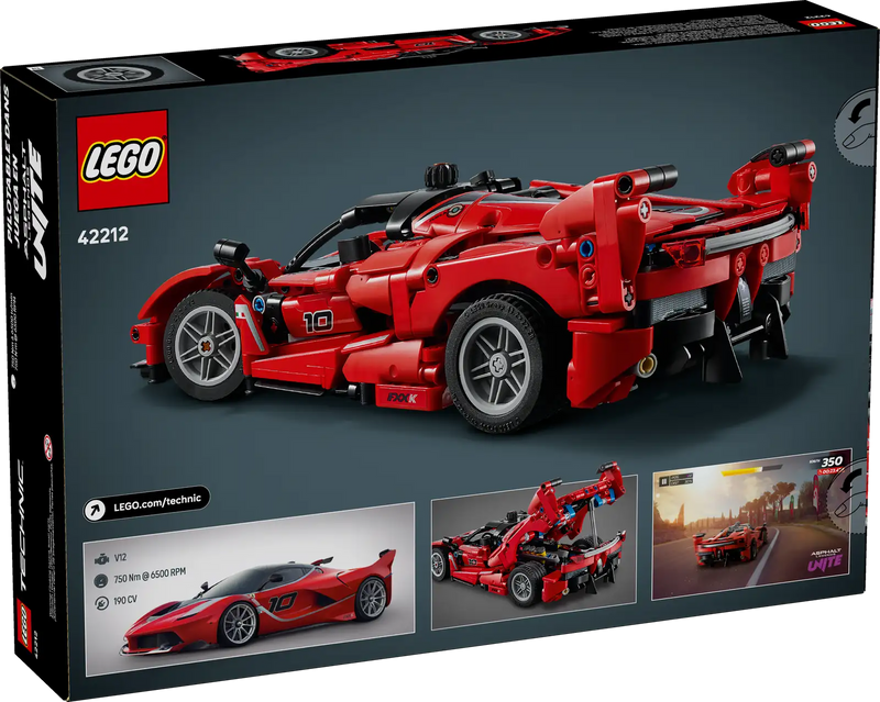 Trasera de la caja LEGO Technic 42212 Ferrari FXX K - Muestra características técnicas: pistones móviles, diferencial funcional y capó abatible
