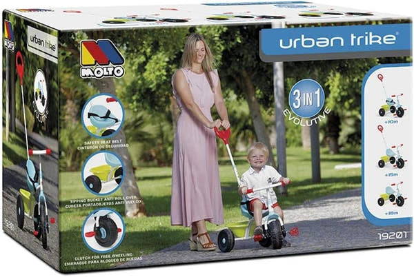 Triciclo Moltó Urban Trike Baby Azul plegable con manillar.
