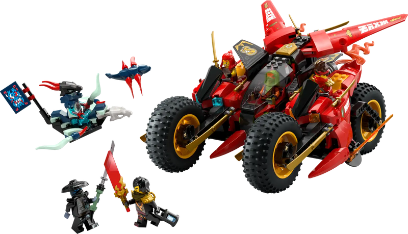 Vehículo LEGO NINJAGO dividido en moto, moto secundaria y avión