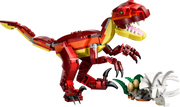 Velocirraptor LEGO articulado rojo con mandíbula, patas y cola móviles