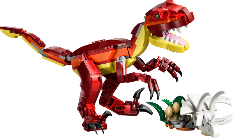 Velocirraptor LEGO articulado rojo con mandíbula, patas y cola móviles