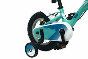 Vista completa de la bicicleta infantil UMIT ALICE 12" en turquesa con cesta práctica para transportar juguetes, sistema de frenado dual y pedales antideslizantes KWP228
