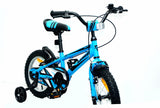 Vista completa de la bicicleta infantil UMIT XS14 14" en azul con sistema de frenado dual V-Break, horquilla Hi-Ten 225L y pedales antideslizantes KWP228, ideal para niños de 4 años en adelante

