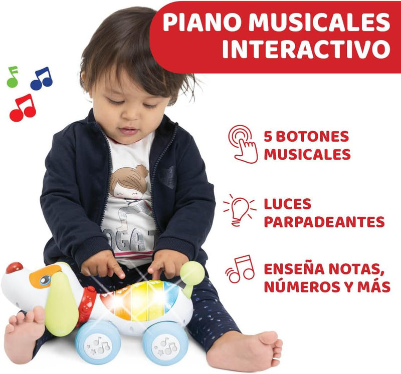 Vista completa del perro radiocontrol educativo Chicco con piano integrado, juguete teledirigido que ladra, se mueve y enseña conceptos básicos a niños en edad preescolar mediante juego interactivo
