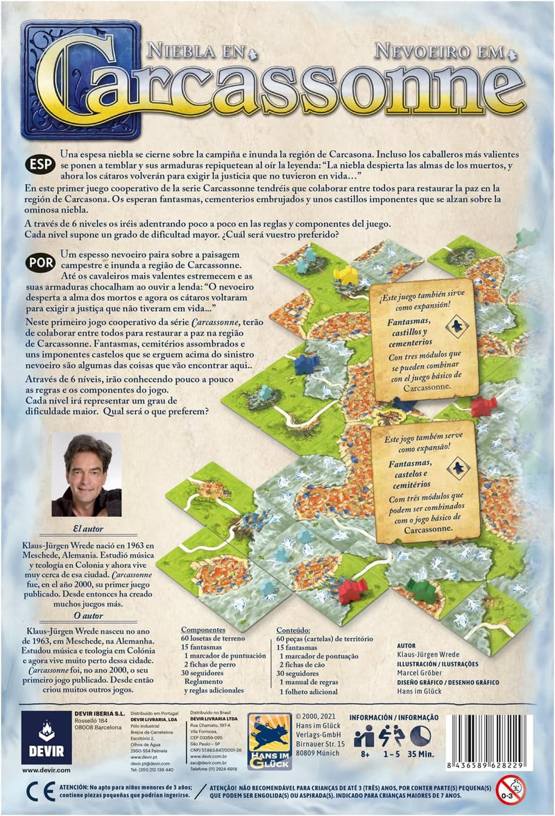 Vista del contenido completo de la caja de Niebla en Carcassonne
