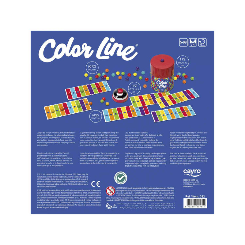 Vista del contenido completo del juego Cayro Action Games Colorline 332 con las 90 bolas de colores, tablero de juego y accesorios incluidos
