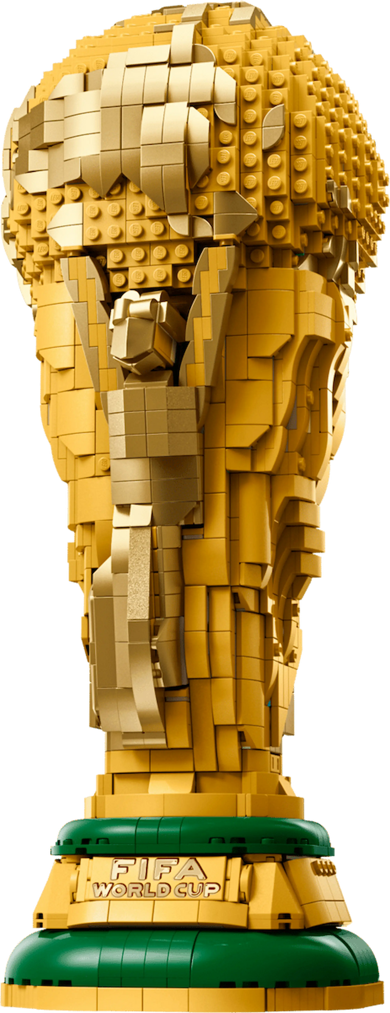 Vista frontal completa Trofeo Copa Mundial FIFA LEGO 43020 dorado 36 cm altura
