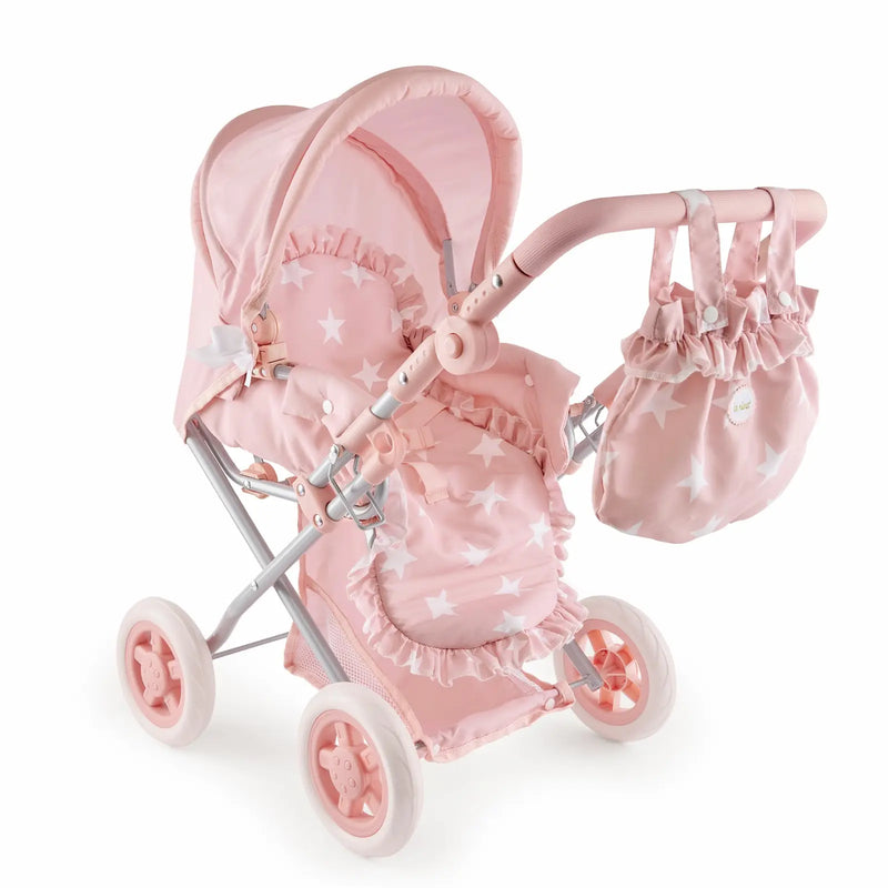 Vista frontal cuco Carlota montado con capota ajustable y ruedas estrella
