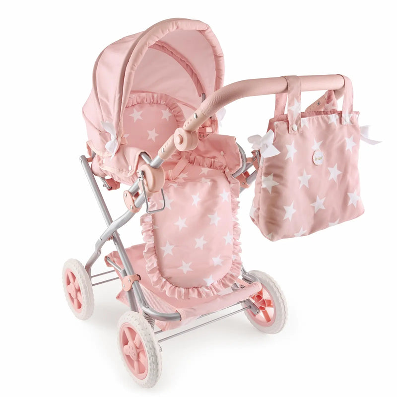 Vista frontal cuco grande Carlota montado con capota ajustable y ruedas grandes
