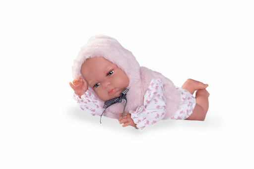 Vista frontal de Tufi con su conjunto rosa y cuerpo blando
