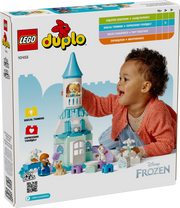 Vista frontal del castillo de Frozen LEGO DUPLO con figuras de Anna, Elsa y Olaf