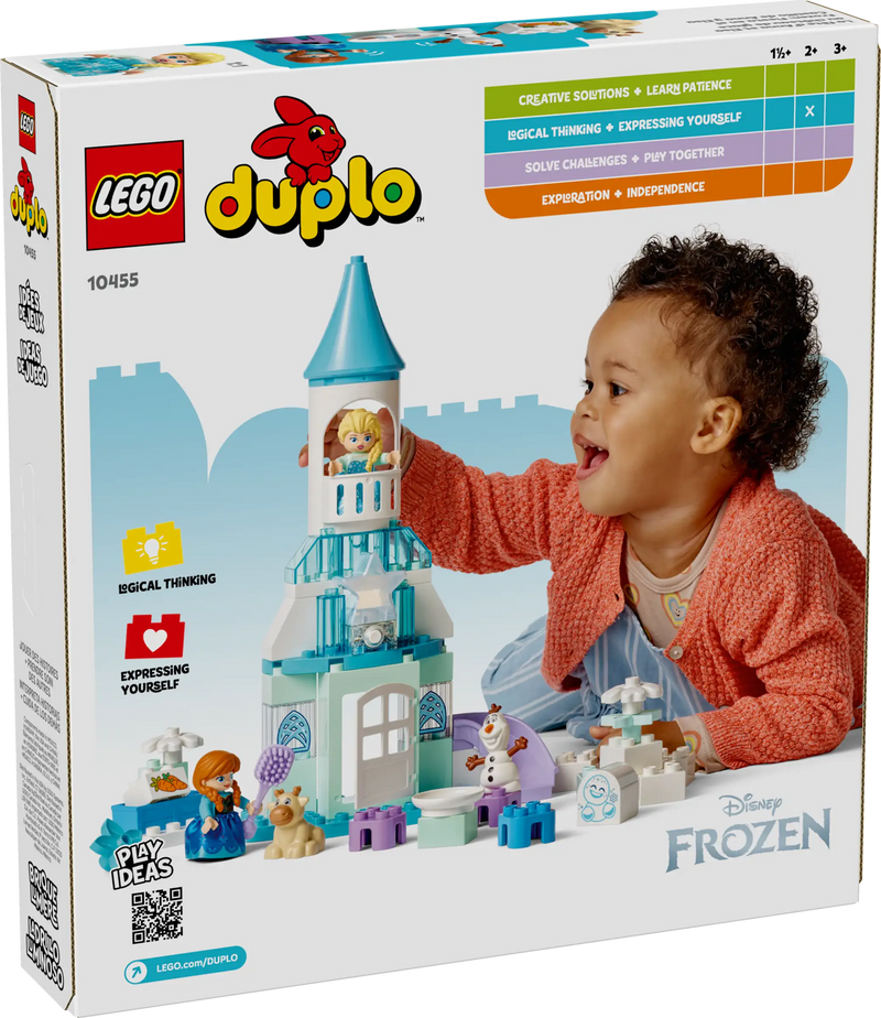 Vista frontal del castillo de Frozen LEGO DUPLO con figuras de Anna, Elsa y Olaf