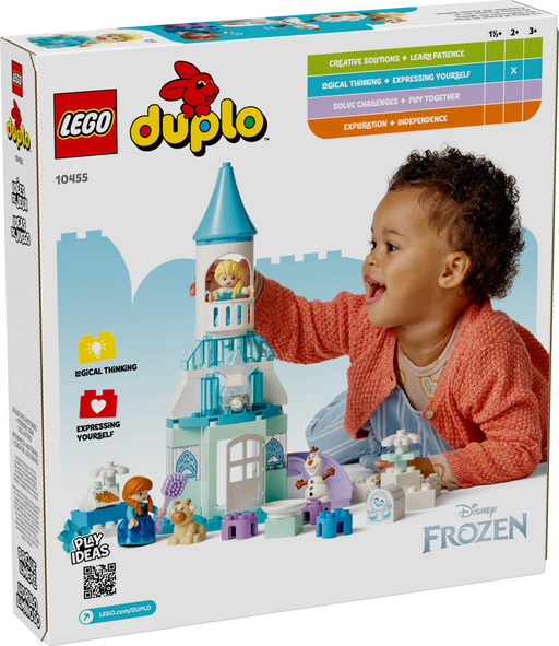 Vista frontal del castillo de Frozen LEGO DUPLO con figuras de Anna, Elsa y Olaf