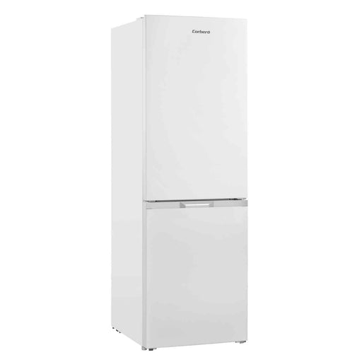 Vista frontal del frigorífico combi Corberó CCH324EW blanco con puertas cerradas, mostrando el diseño elegante y las manijas integradas
