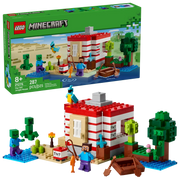 Vista frontal del set LEGO Minecraft 21275 con casa TNT, Steve, zombis y bote en la selva